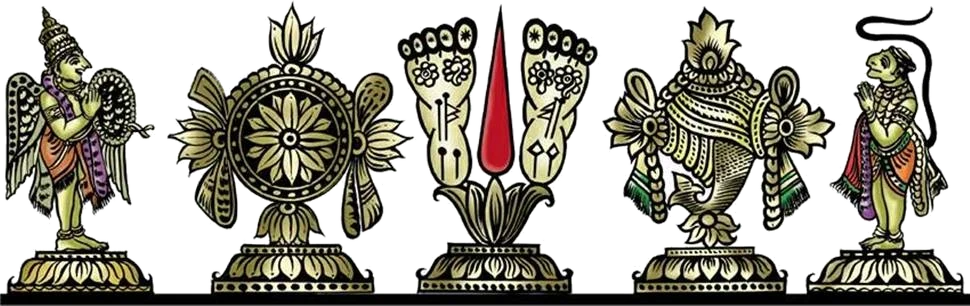 Garuda, the Sudarsana chakra, the Lord's feet with the Thiruman, the Panchajanya conch, and Hanuman